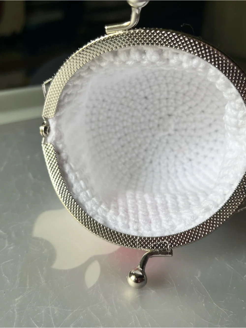 White Crochet Coin Purse with Pink, Blue & Purple Flower Appliqués New 3”x3.5”